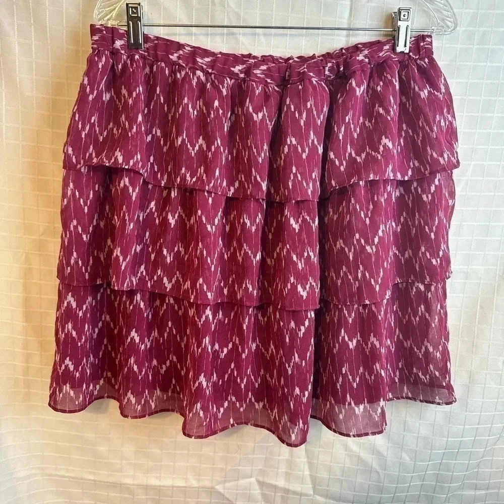 Gap Women Purple Pink fuschia  Print Elastic Waist Casual Tiered Skirt L